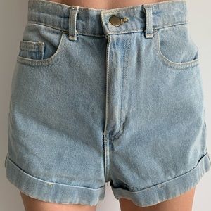 High-waisted light blue jean shorts